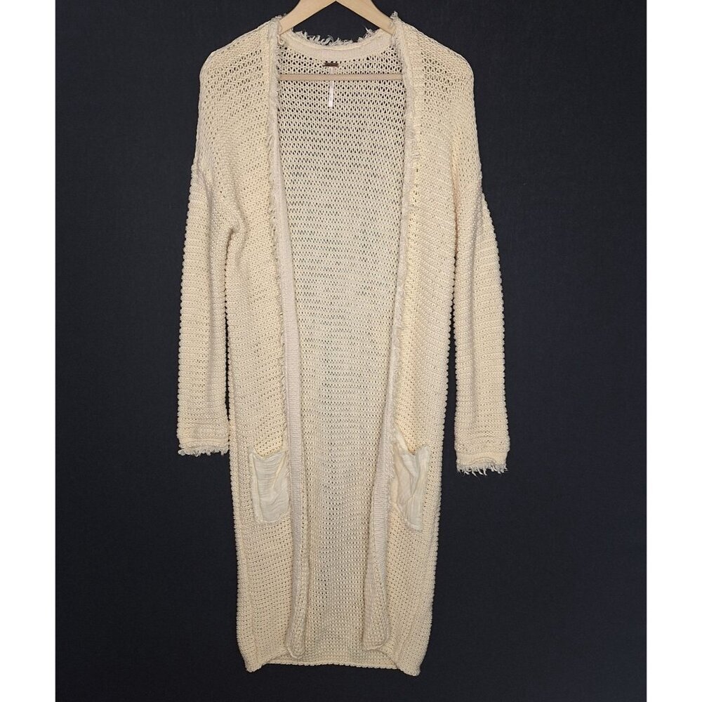 💙 Free People Woodstock Long Line Knit Cotton Cardigan Size S/M Warm Cozy Boho - Picture 3 of 8